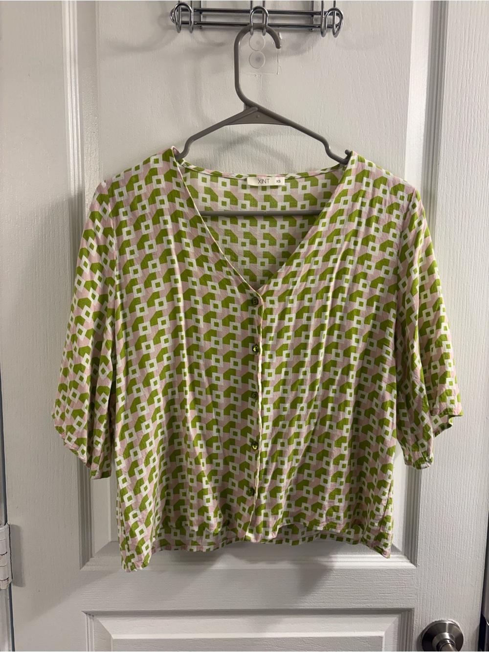 Green & Pink Geometric Button-Front Blouse